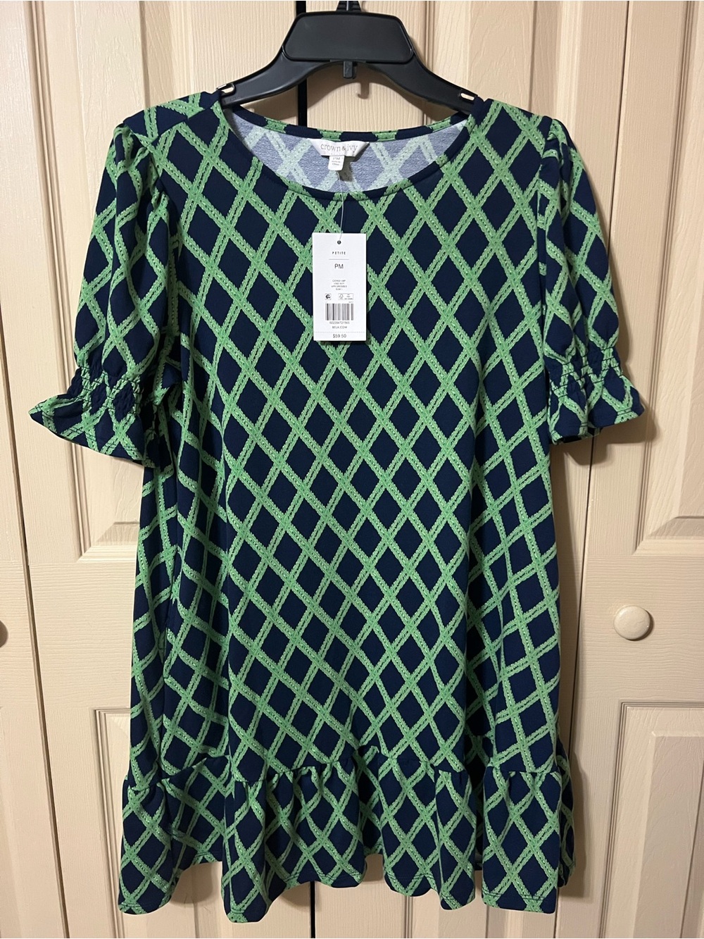 Crown & Ivy Navy and Green Lattice Ruffle-Hem Knit Dress Size PM